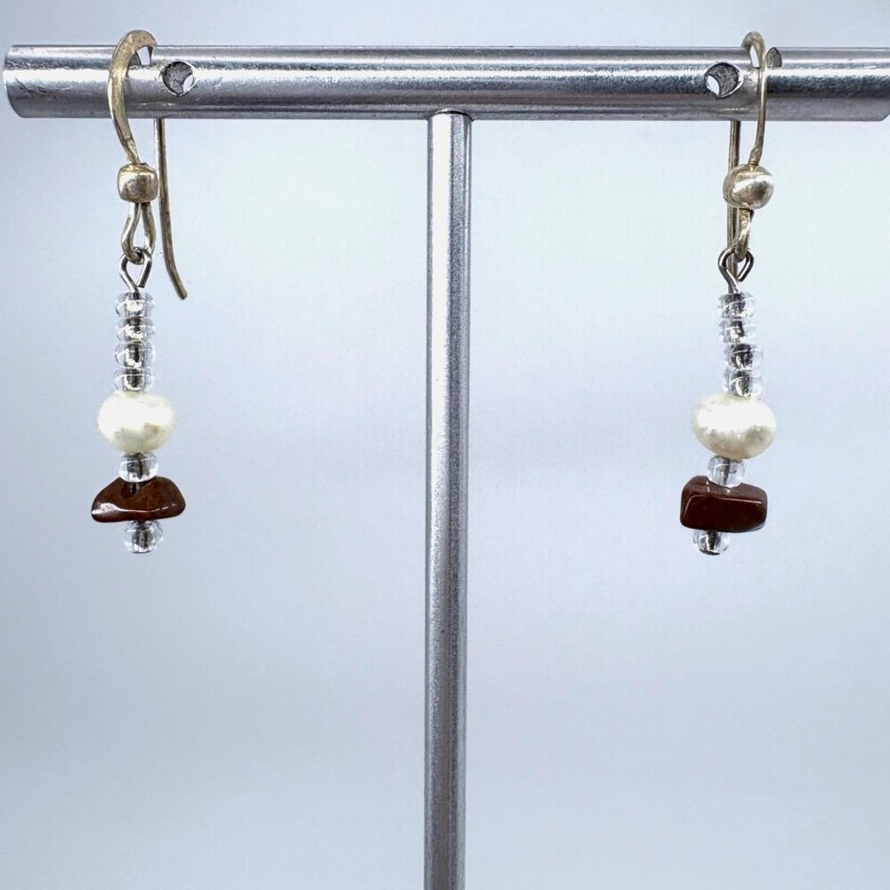 Sterling Silver 925 Freshwater Pearl & Garnet Dangle Earrings Size 1.25" Length